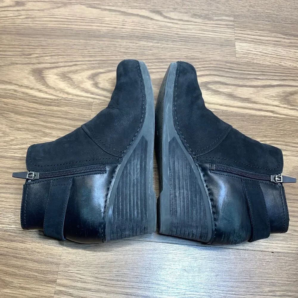 Dansko Boots Women 6.5-7 EU 37 Shirley Wedge Heel Ankle Booties Black Leather‎